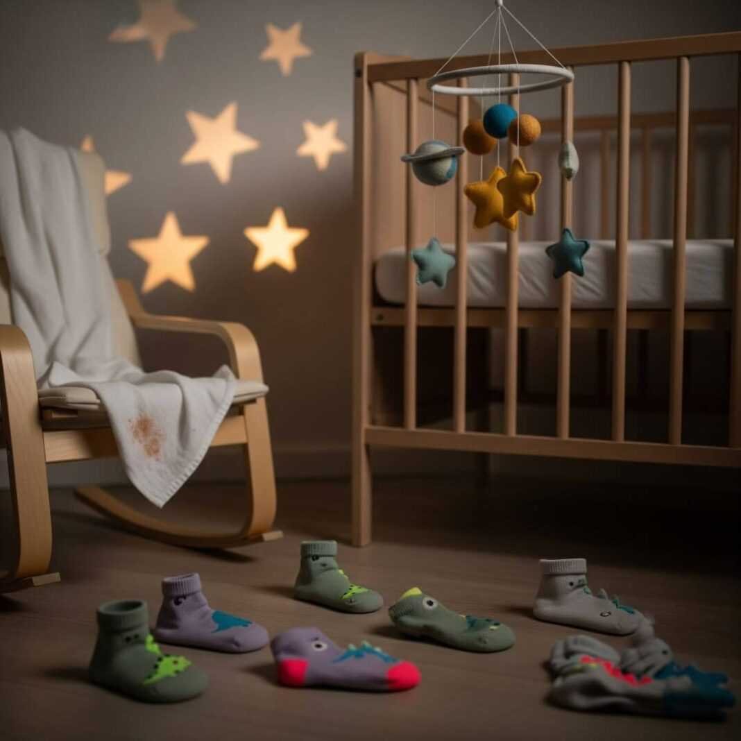 A blurry shot of a nursery with a crib, rocking chair, and dinosaur socks.