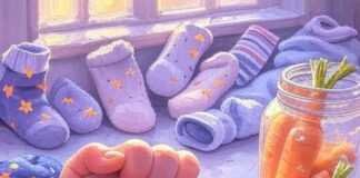 Understanding Baby Feeding Cues: When and How Much to Feed Baby hand, bottle, carrots, mug, socks.