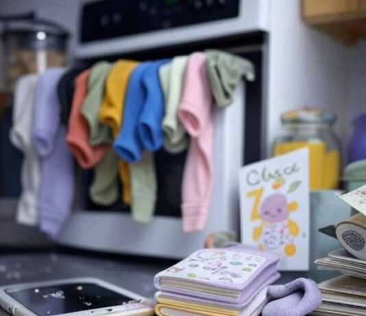 Celebrating Firsts: Documenting Your Baby’s Milestone Moments Baby chaos: book, sock, milestone card.