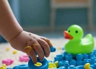 Motor Skills Development: My Hot Mess of a Parenting Life A neon-green rubber duck sits weirdly on the pile,