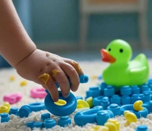 Motor Skills Development: My Hot Mess of a Parenting Life A neon-green rubber duck sits weirdly on the pile,