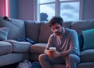 Chaotic parenting scene with flashcards, coffee, and toy.