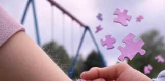 Emotional Milestones: Nurturing Your Child’s Social Development Kid with fraying bracelet, parent holding crumpled drawing, swing set, floating puzzle pieces, pastel and neon tones.