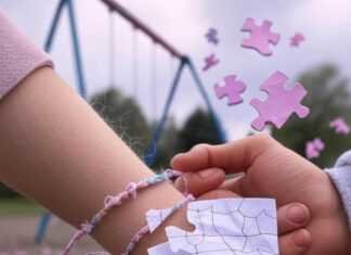 Emotional Milestones: Nurturing Your Child’s Social Development Kid with fraying bracelet, parent holding crumpled drawing, swing set, floating puzzle pieces, pastel and neon tones.