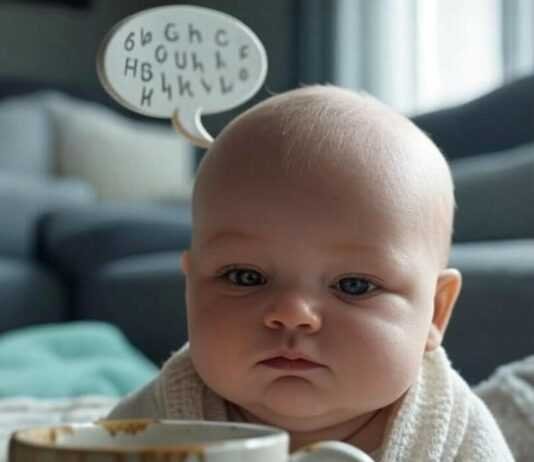 When Do Babies Start Talking? A Month-by-Month Guide for New Parents Baby babbling with mug, pacifier.