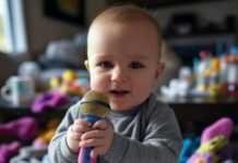 10 Fun Activities to Boost Your Toddler’s Talking and Language Skills Toddler with mic, messy room.