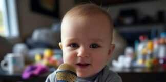 10 Fun Activities to Boost Your Toddler’s Talking and Language Skills Toddler with mic, messy room.