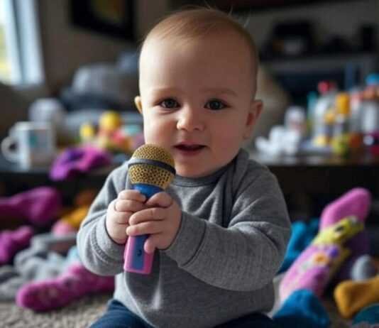 10 Fun Activities to Boost Your Toddler’s Talking and Language Skills Toddler with mic, messy room.