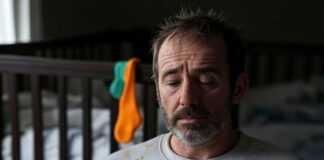 How to Handle Baby Sleep Regression Like a Pro? Frazzled parent with cold coffee in dim nursery, lopsided crib, 3:22 a.m. clock, neon sock, crumpled pamphlet.