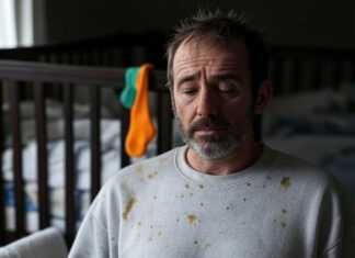 How to Handle Baby Sleep Regression Like a Pro? Frazzled parent with cold coffee in dim nursery, lopsided crib, 3:22 a.m. clock, neon sock, crumpled pamphlet.