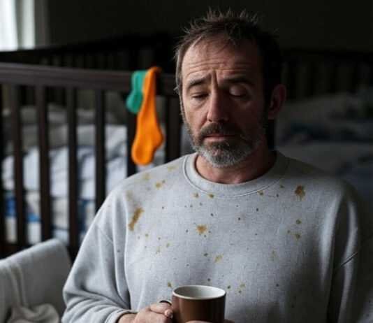 How to Handle Baby Sleep Regression Like a Pro? Frazzled parent with cold coffee in dim nursery, lopsided crib, 3:22 a.m. clock, neon sock, crumpled pamphlet.