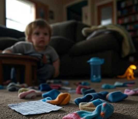 Baby Not Talking Yet? 7 Early Signs to Watch and What to Do Tired parent, messy room, toddler socks.