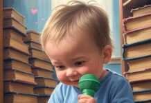 How to Encourage Talking in Shy Toddlers Without Pressure Toddler with microphone, books, dinosaur, parent smiling.