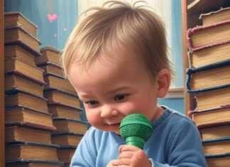 Toddler with microphone, books, dinosaur, parent smiling.
