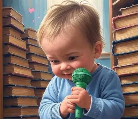 How to Encourage Talking in Shy Toddlers Without Pressure Toddler with microphone, books, dinosaur, parent smiling.