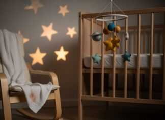 5 Proven Baby Sleep Training Methods Every Parent Should Know A blurry shot of a nursery with a crib, rocking chair, and dinosaur socks.