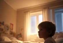 Recognizing Anxiety and Depression in Kids Kid with teddy bear at cracked mirror showing recognizing anxiety and depression in children.