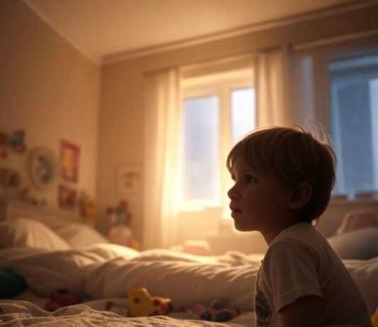 Recognizing Anxiety and Depression in Kids Kid with teddy bear at cracked mirror showing recognizing anxiety and depression in children.