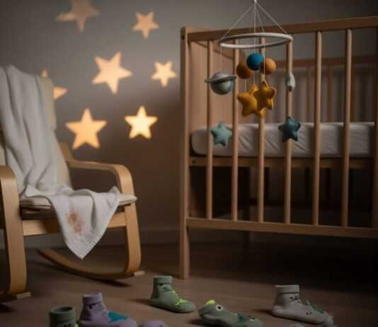 5 Proven Baby Sleep Training Methods Every Parent Should Know A blurry shot of a nursery with a crib, rocking chair, and dinosaur socks.