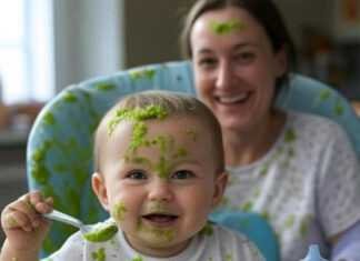 Introducing Solids: A Step-by-Step Guide for New Parents Baby with pea puree chaos, funny mess.