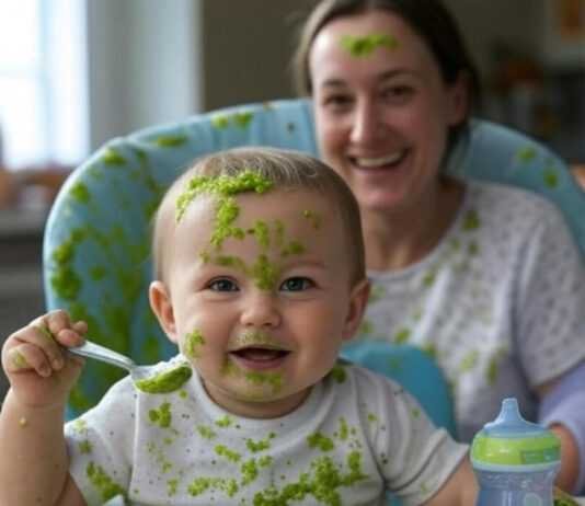 Introducing Solids: A Step-by-Step Guide for New Parents Baby with pea puree chaos, funny mess.