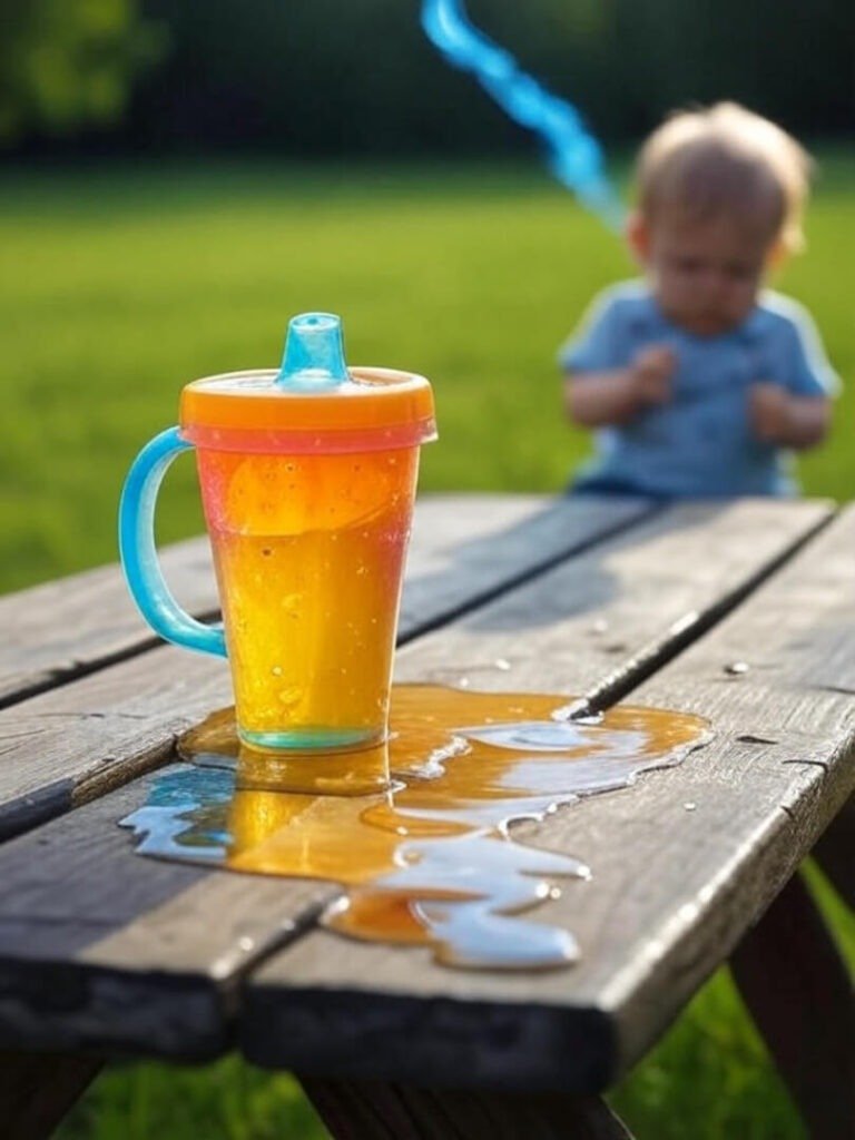 Toddler flops, juice spills.
