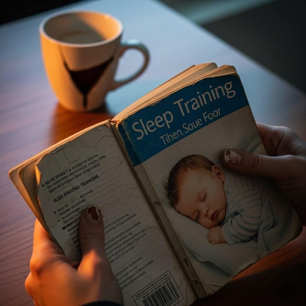 A pair of hands holding a beat-up sleep training book with a coffee mug nearby.