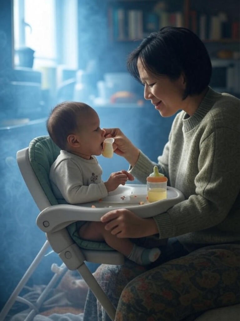 Parent feeding baby, spilled sippy.