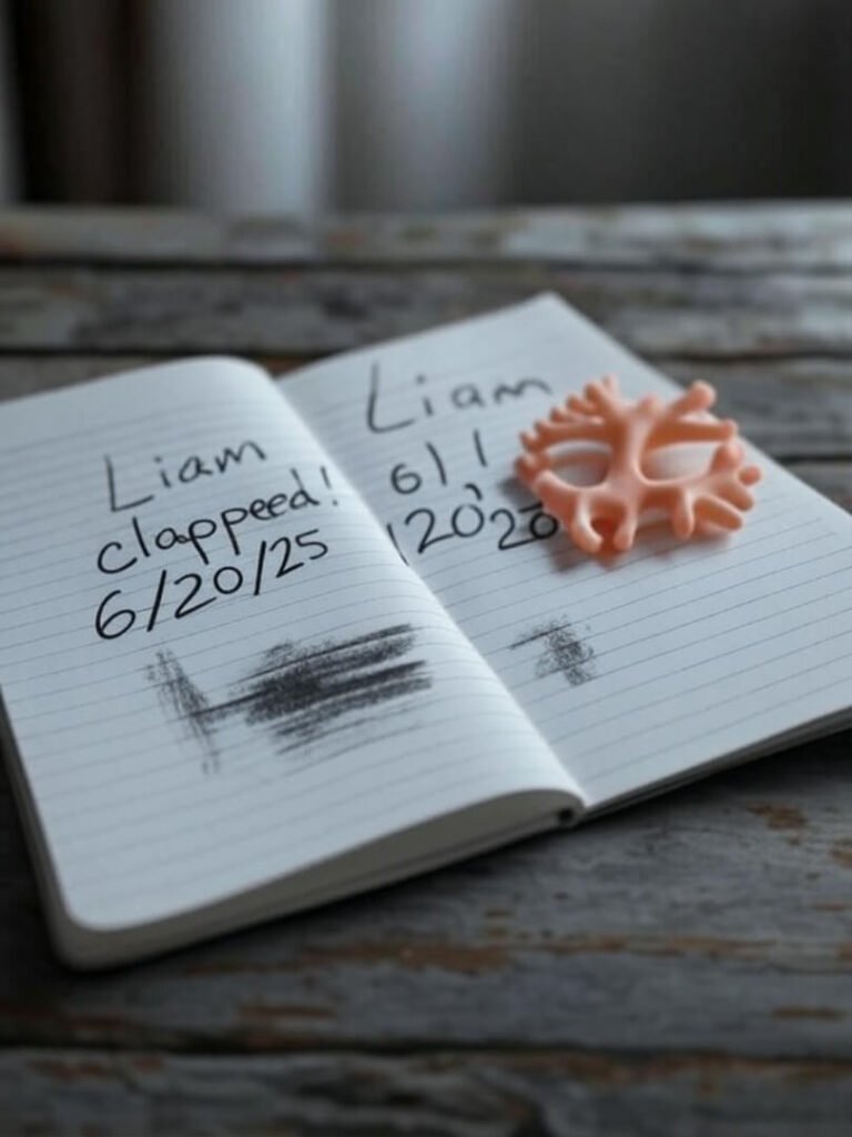 Grimy notebook with "Liam clapped! 6/20/25" and chewed coral teether.