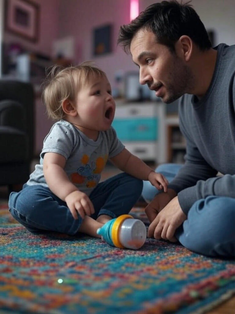 Parent and toddler babbling with spilled cup.