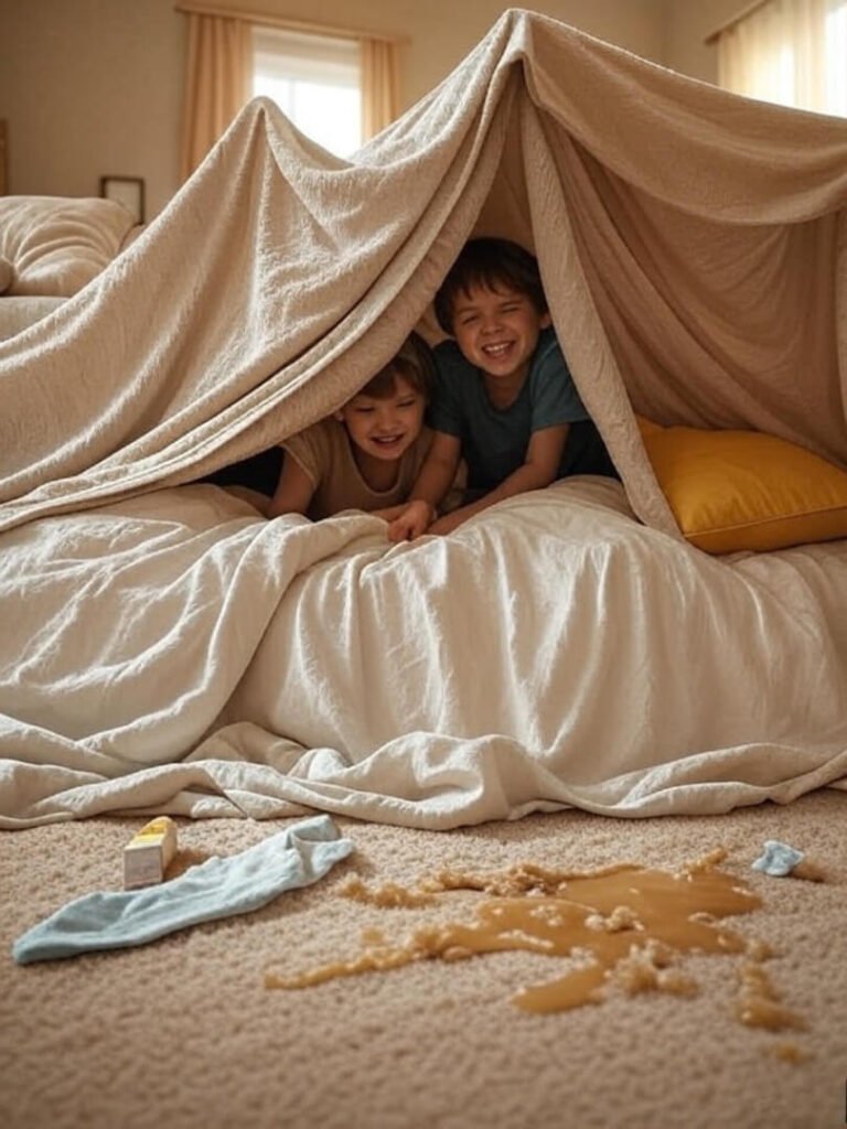 Kids giggling in blanket fort, spilled juice, yellow pillow, messy room.