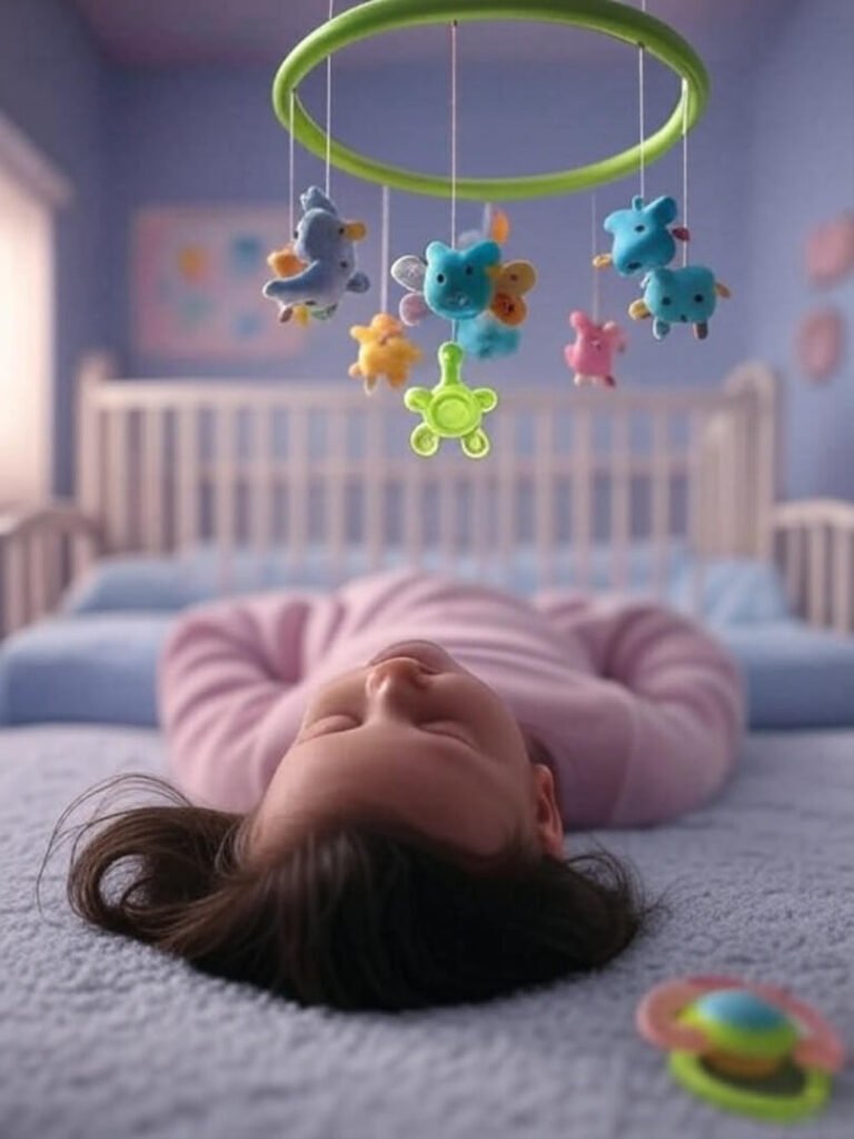 Tired parent’s view of baby mobile, crib, neon green pacifier, soft pastels.