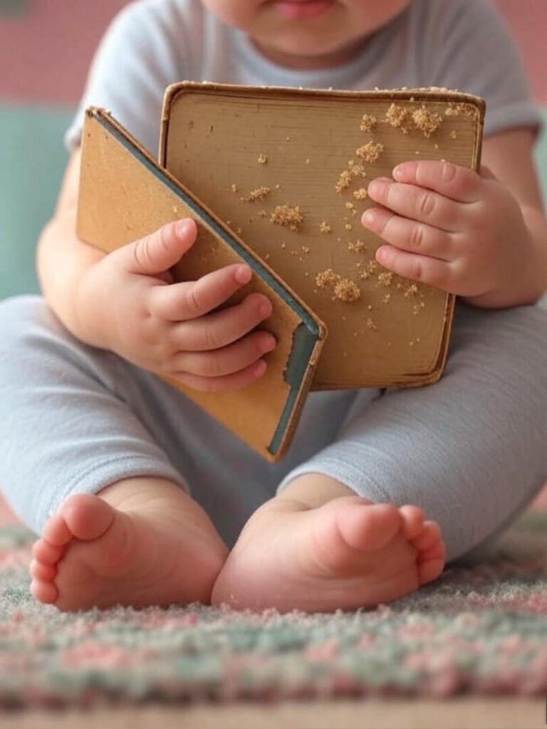 Toddler hands, crumb book, hopeful read.