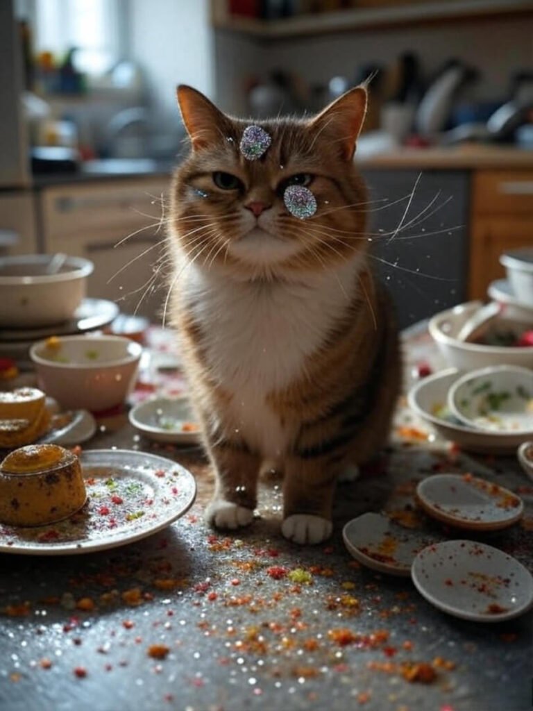 Glittery Sticker Chaos: Annoyed Cat Kitchen Snap