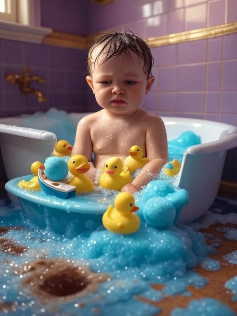 Chaotic toddler bath, cozy mess.
