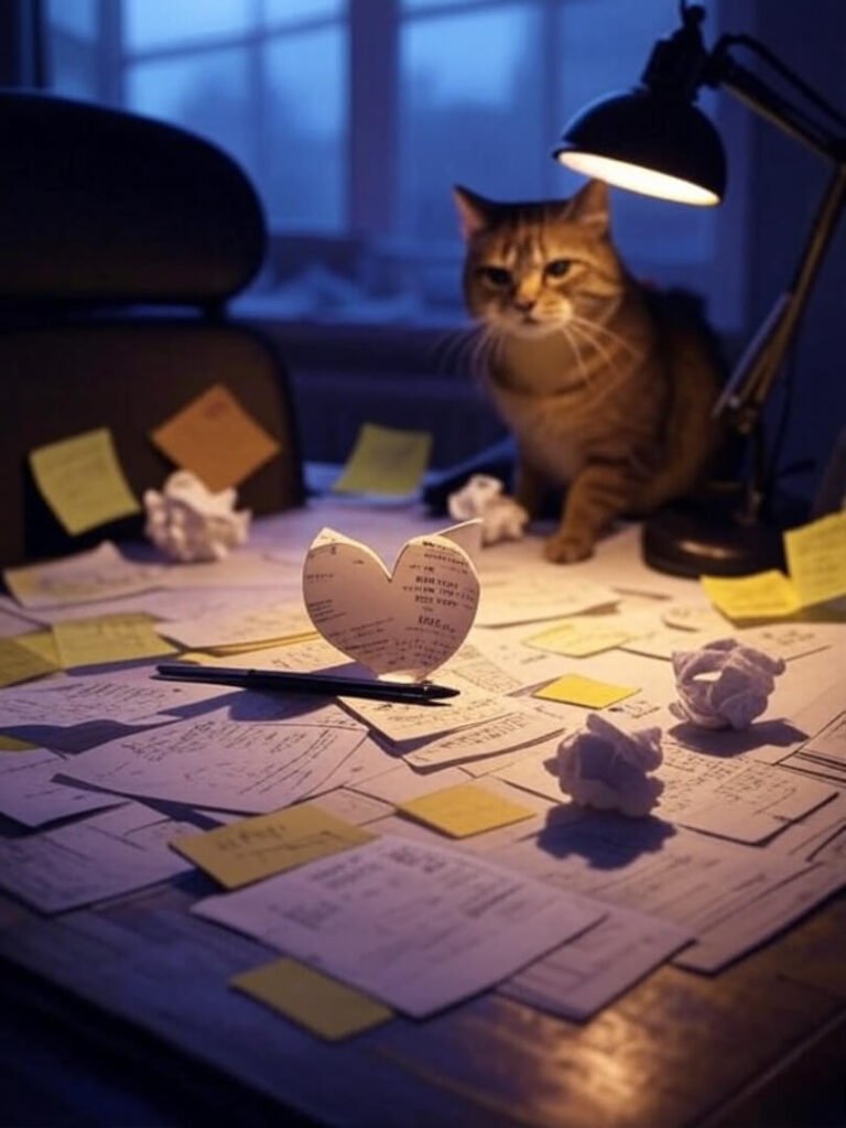 Chaotic Desk Chaos: Cat’s Wry Study Mess