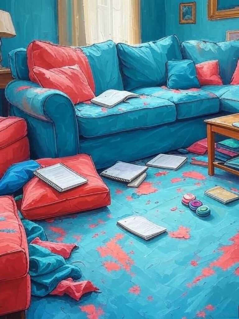 Our living room, where Emma and I talk mental health over pizza crusts.