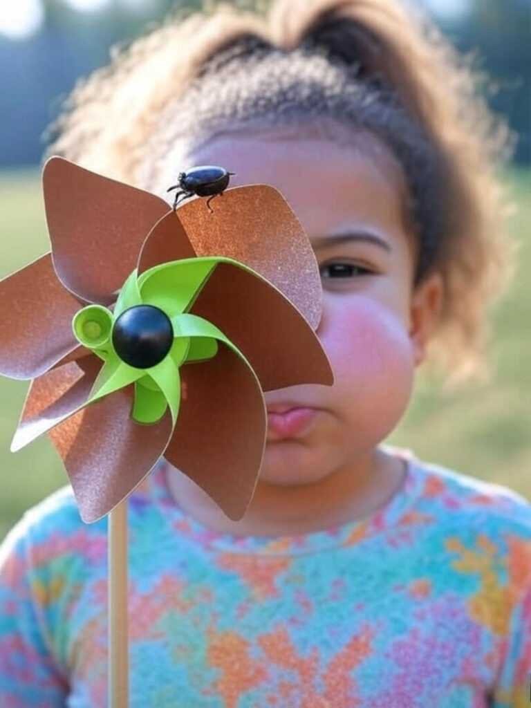 Kid Puffs Pinwheel with Beetle, Funny Blur