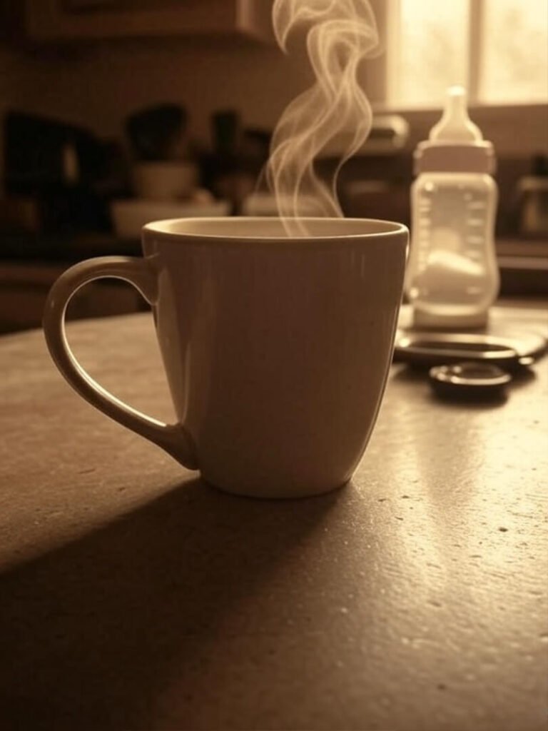 Coffee mug, steam, cluttered counter, spilled baby bottle.