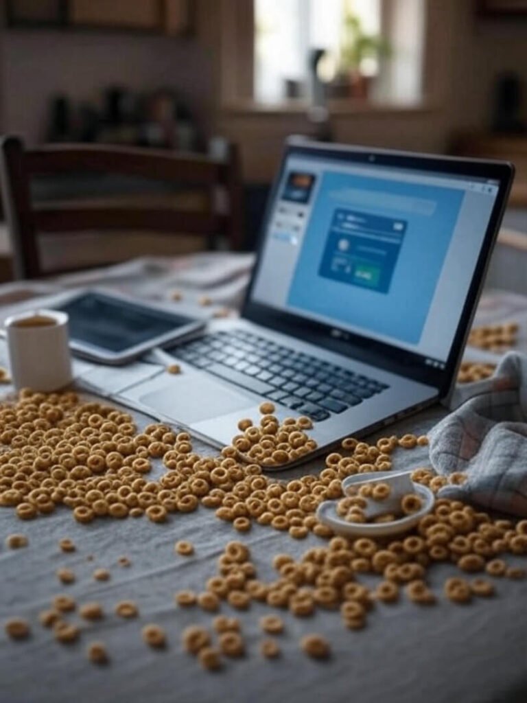 Messy Kitchen Table with Laptop and Spilled Cheerios
