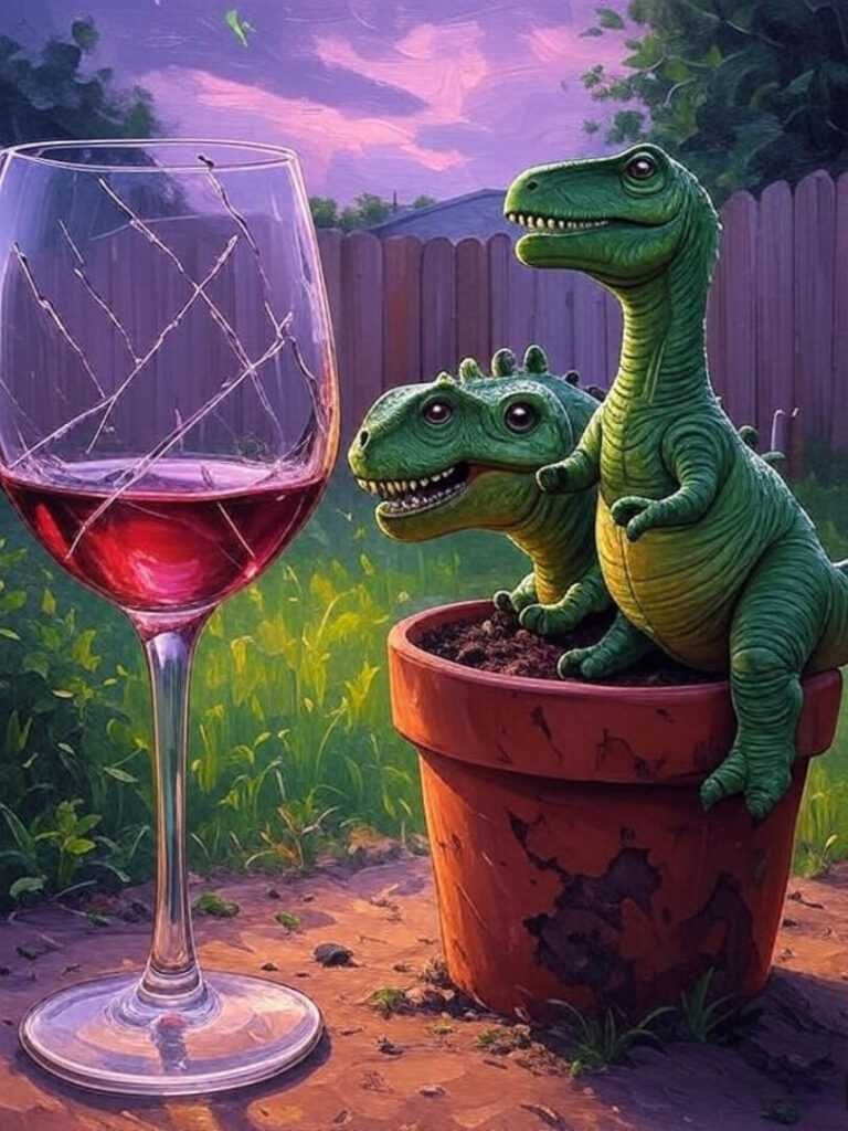 Backyard Wine Escape: Dinosaur Chaos at Dusk