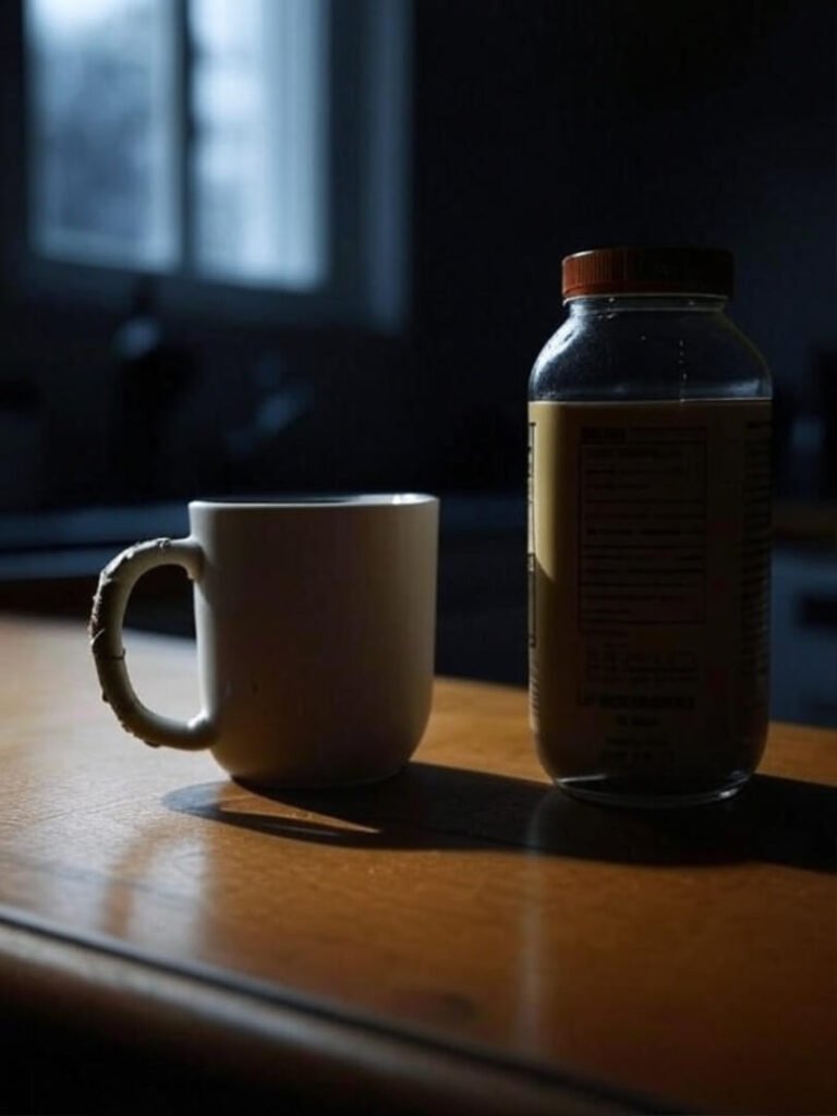 Dim kitchen, off-center bottle, broken mug.