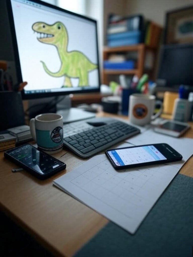 Cluttered Desk with Coffee and Kid’s Dino Art