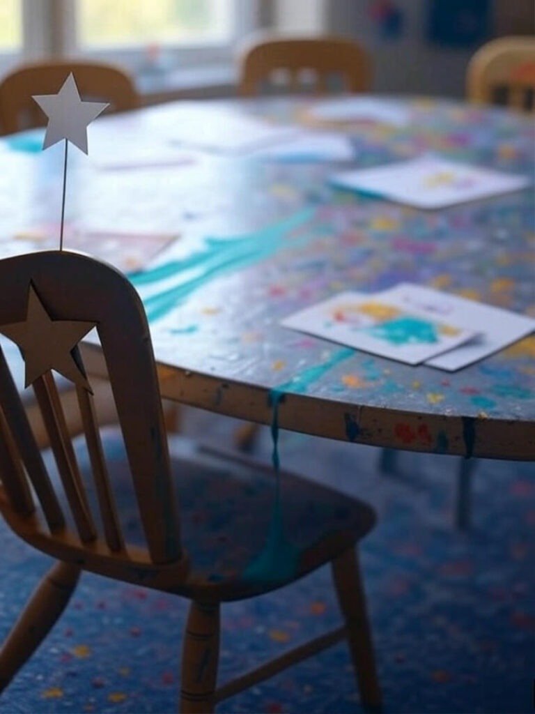 Messy Art Table with Star and Paint Splatters