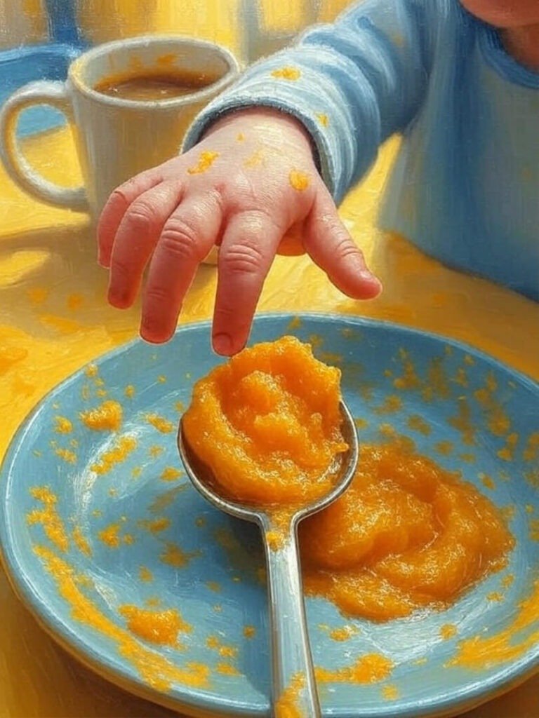 Kid swipes puree, coffee spills.