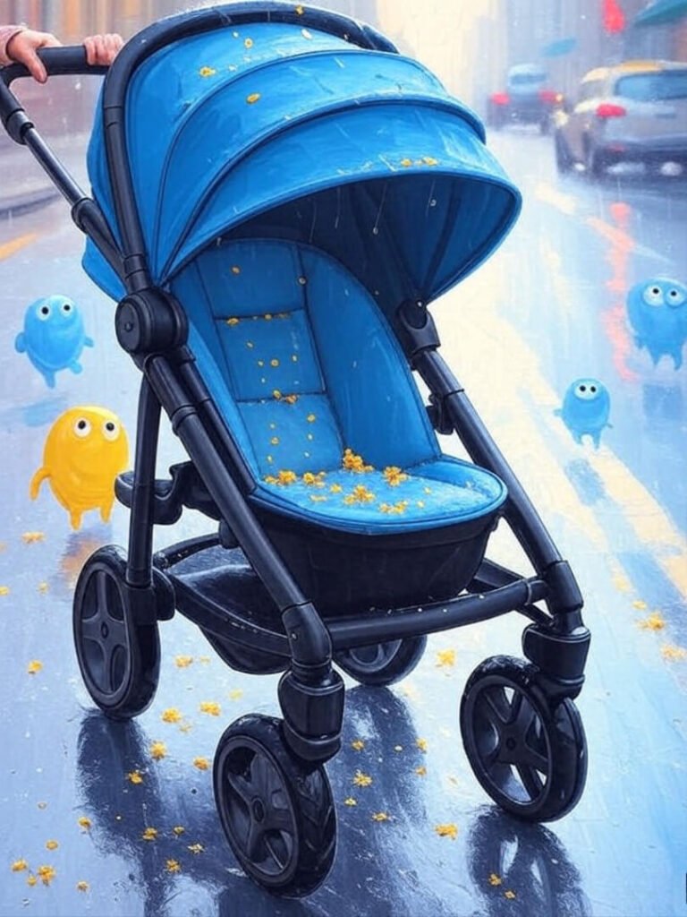 Crumb-Filled Stroller Zoom in Rainy Chaos