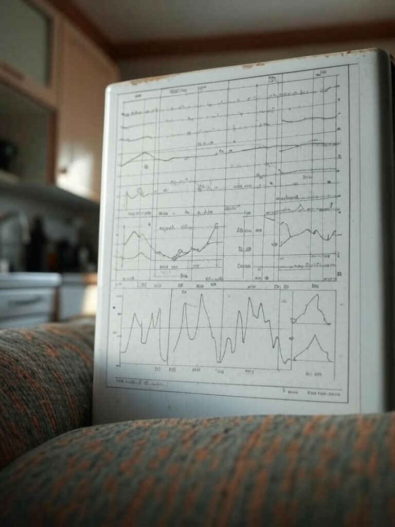 Messy snapshot of a baby sleep routine chart in my cluttered kitchen.