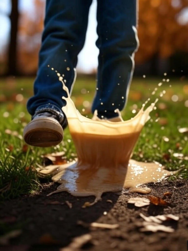 Blurry jeans stepping in spilled latte, fall vibe.