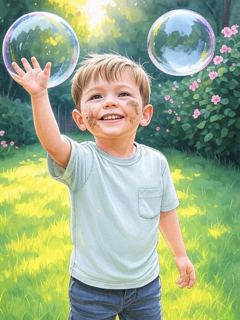 Liam vs. bubbles—his gross motor skills are on fire.