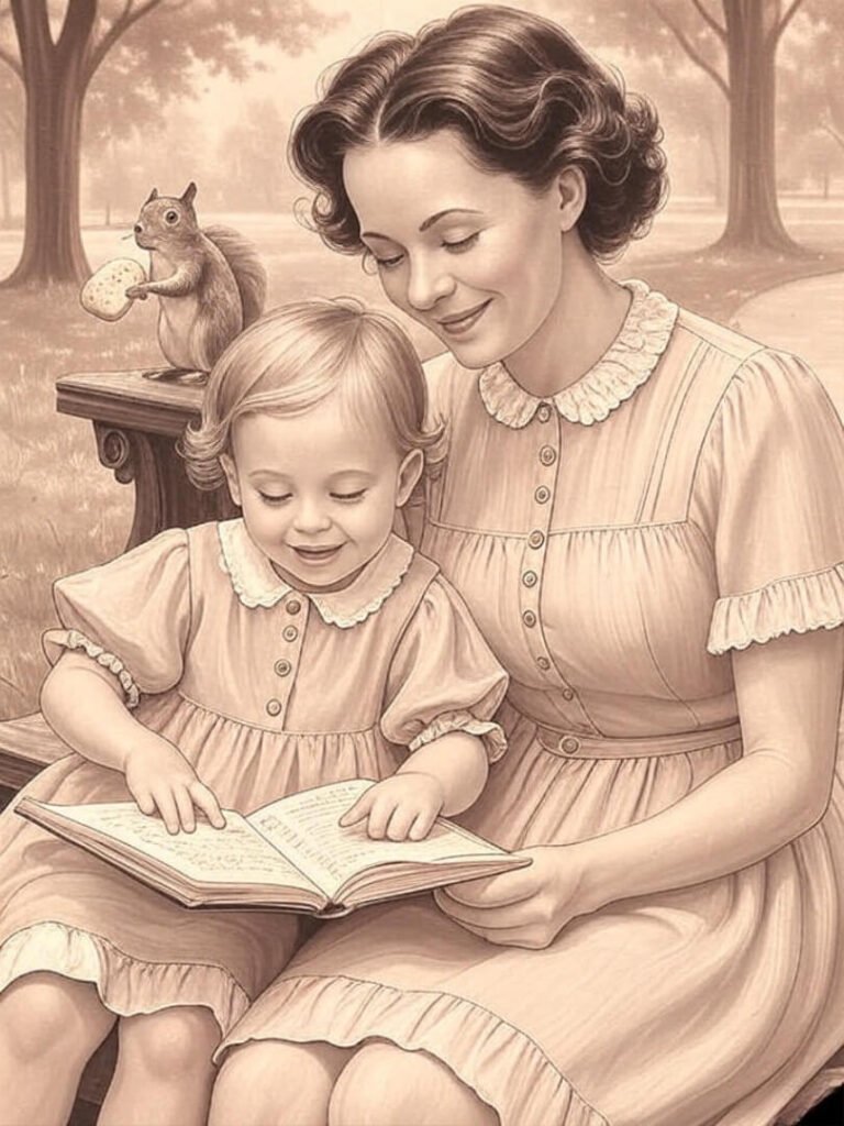 Parent and child reading with squirrel.